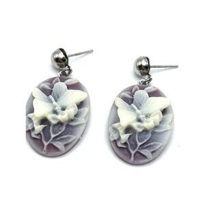 Purple and White Butterfly Cameo Drop Dangle Earrings Antiqued Vintage Inspired